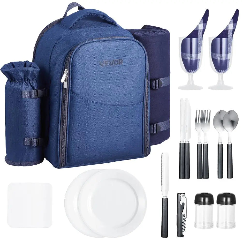 Navy Blue Picnic Backpack for Two – Insulated Cooler Compartment | Outdoor Beach & Camping Daypack