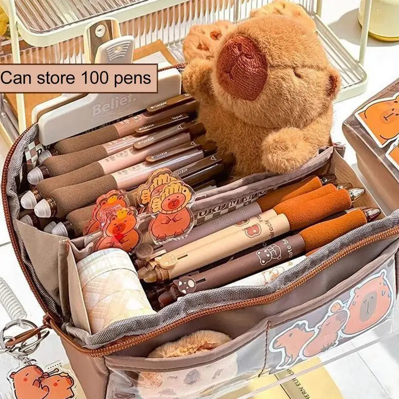 Capybara Pencil Case – Waterproof Plush Pencil Pouch with Cute Pins