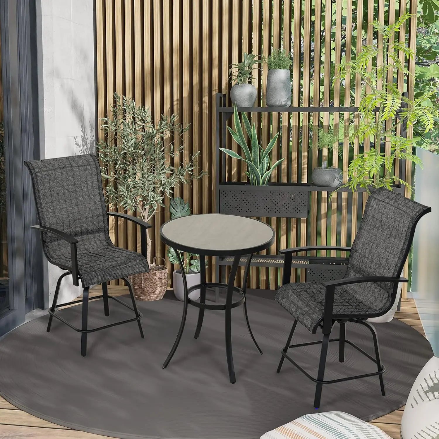 “3-Piece Counter Height Patio Bar Set with Modern Round Table & Swivel Bar Stools – Outdoor Pool, Garden & Backyard Deck Furniture”