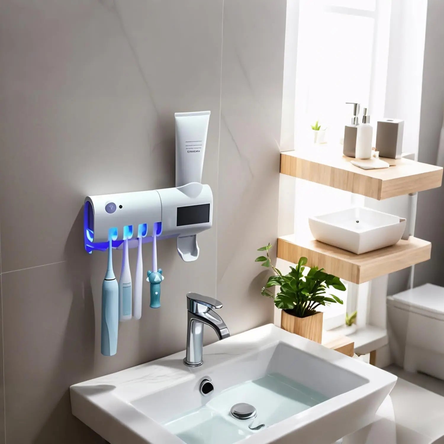 Wall-Mounted Toothpaste Dispenser & 4-Slot Toothbrush Rack – Drill-Free Bathroom Accessory