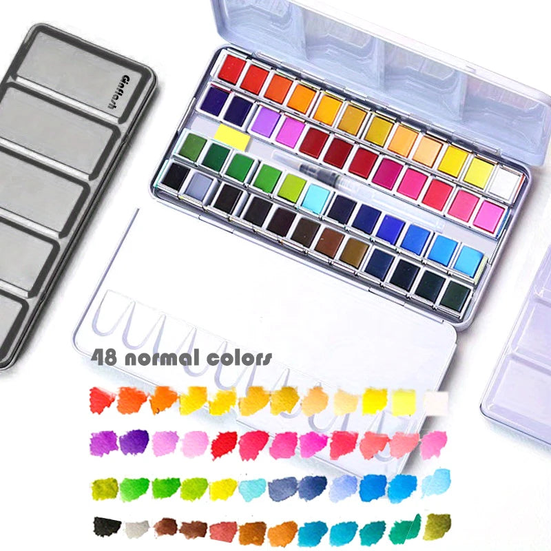 Ginflash 24/48 Colors Solid Pigment Watercolor Paint Set – Portable Brush & Sponge Included