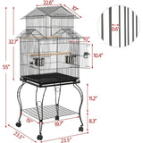 55″ Rolling Triple-Roof Parrot Cage – Sturdy Medium Size with Detachable Stand