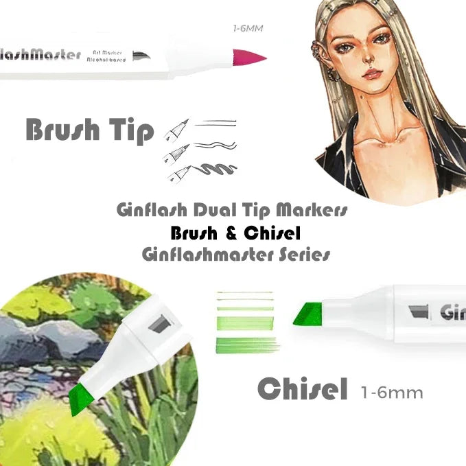 Ginflash Soft Brush & Chisel Art Markers Dual Head – Alcohol-Based 80-Color Sketch & Manga Drawing Set