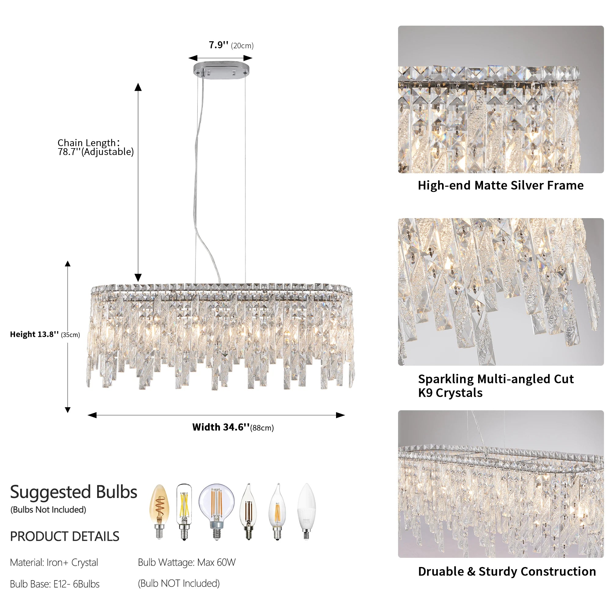 Silver Oval Crystal Chandelier – Elegant Modern Ceiling Light Fixture with Reflective Hanging Crystals (Bulbs Not Included)