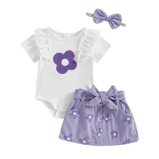 Baby Girl 3-Piece Summer Outfit – Floral Print Romper, Matching Skirt & Headband Set for Outings & Photoshoots