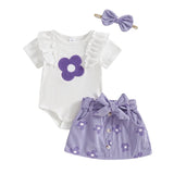 Baby Girl 3-Piece Summer Outfit – Floral Print Romper, Matching Skirt & Headband Set for Outings & Photoshoots