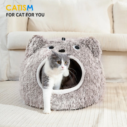 Catism Cat Head-Shaped Bed – Plush Hooded Cat House, Self-Warming Cozy Cave Pod for Indoor Cats & Small Dogs