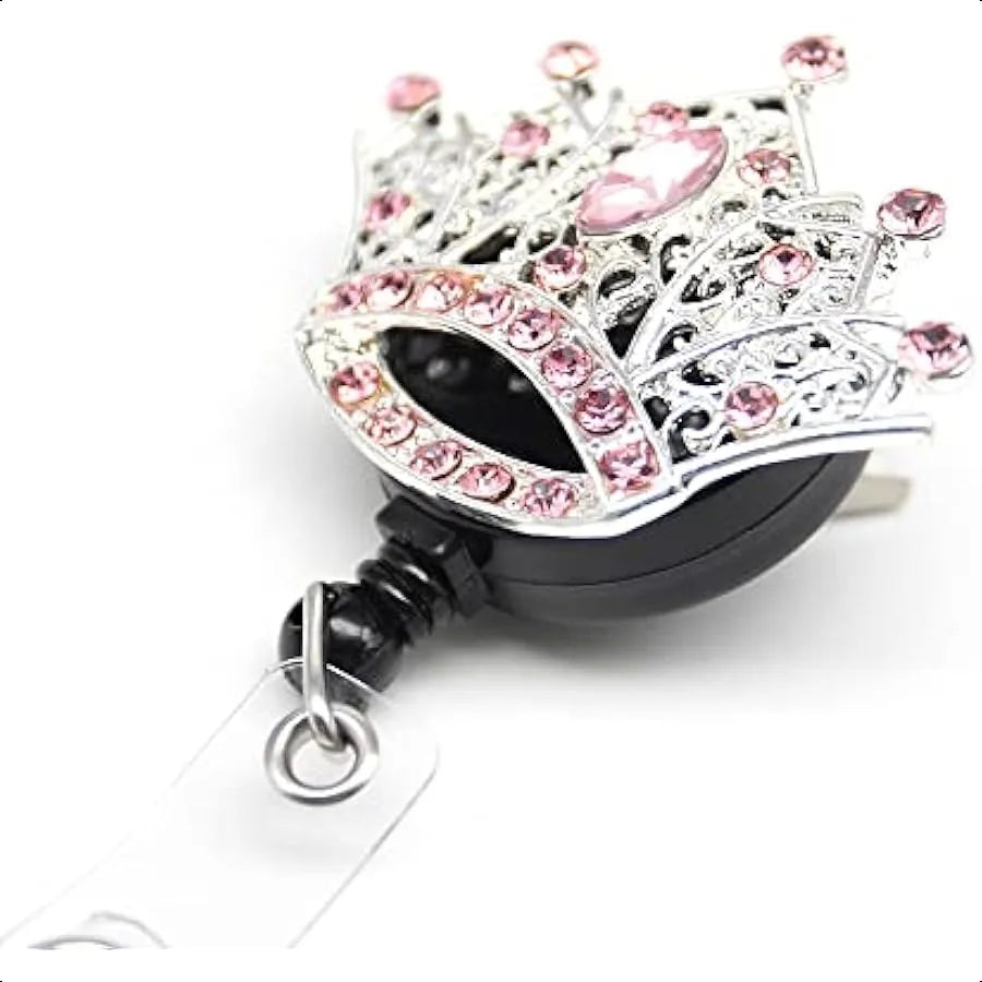 👑 Crystal Rhinestone Crown Badge Reel – Retractable ID Card Holder with Decorative Crown Design for Nurses & Office Staff