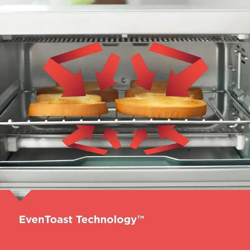 BLACK+DECKER 4-Slice Toaster Oven – Silver Compact Countertop Oven with Bake, Broil, Toast & Keep Warm Functions (TO1700SG)