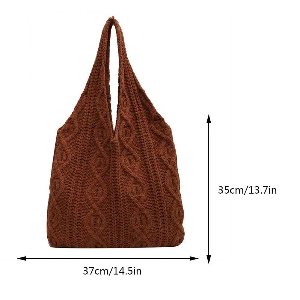 Wool-Knitted Shoulder Shopping Bag for Women – Vintage Cotton Cloth Tote, Large Crochet-Style Shopper Handbag
