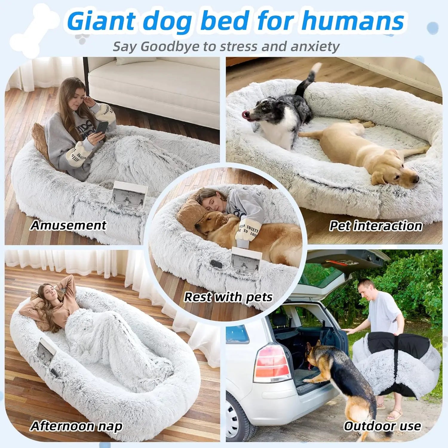 Human Dog Bed (71" x 45" x 12") – Oversized Faux Fur Washable Pet Bed for People & Pets