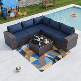 6-Piece Outdoor Patio Furniture Set – PE Wicker Rattan Sectional Sofa with Navy Blue Cushions | Modern Patio Conversation Set