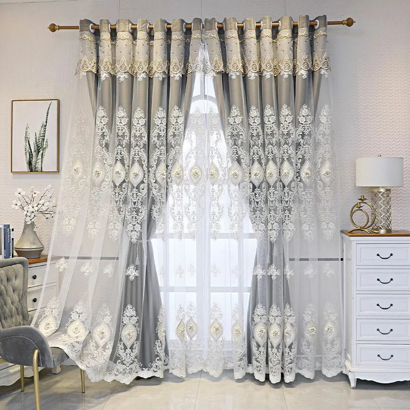 Vintage-Style Embroidered Dual-Layer Curtains – 3D Relief Pattern Window Drapes (Single Panel)