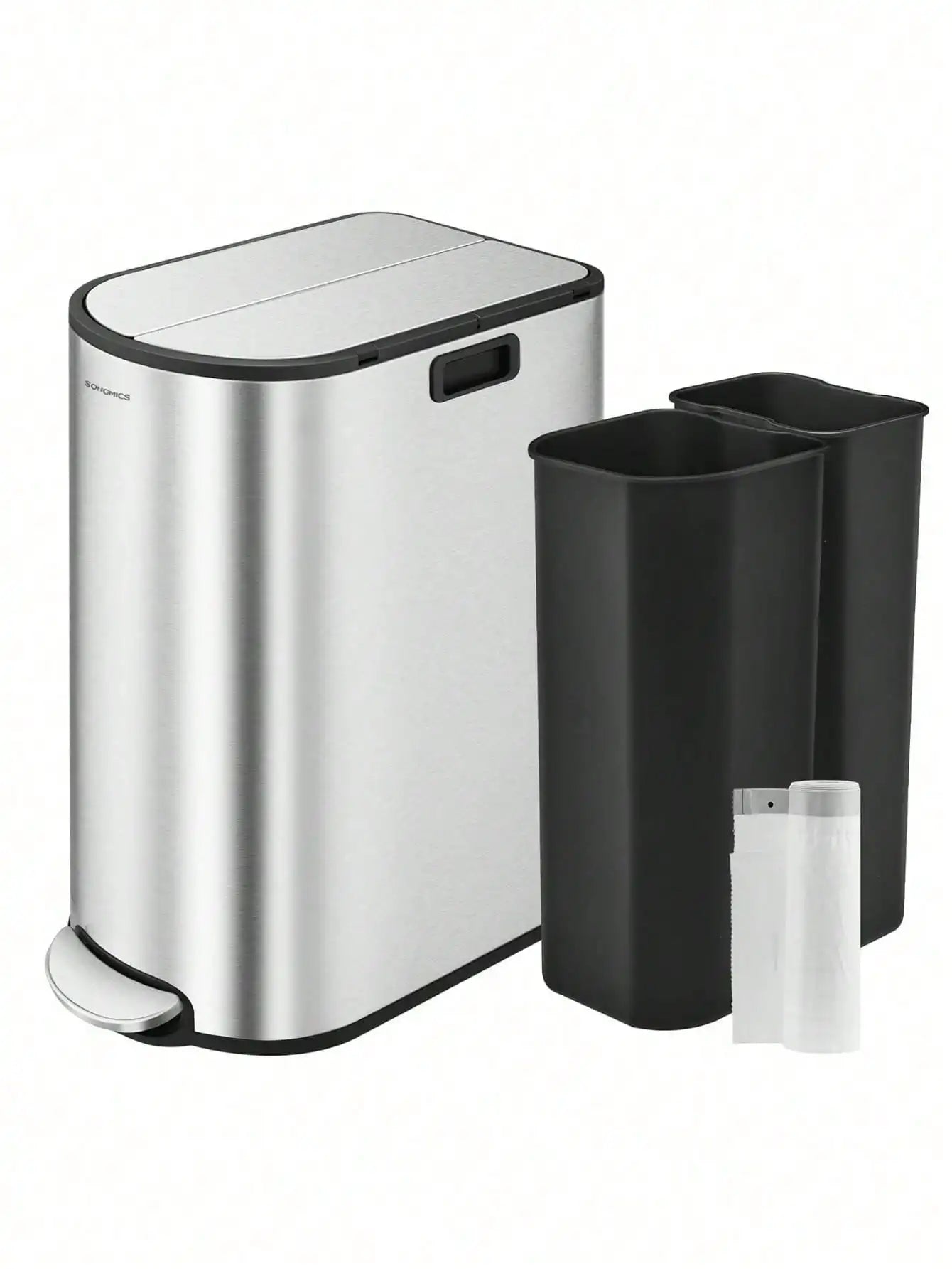 SONGMICS 13-Gallon Dual Kitchen Trash Can – 5.3 & 8 Gallon Compartments, Stainless Steel Wing Lids