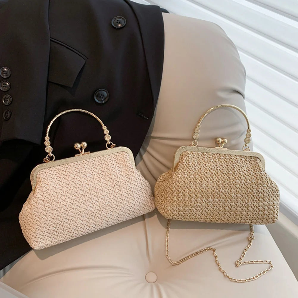 Handmade Woven Shell-Shaped Underarm Bag with Chain Strap – Elegant Casual Women’s Handbag for Travel & Street Style