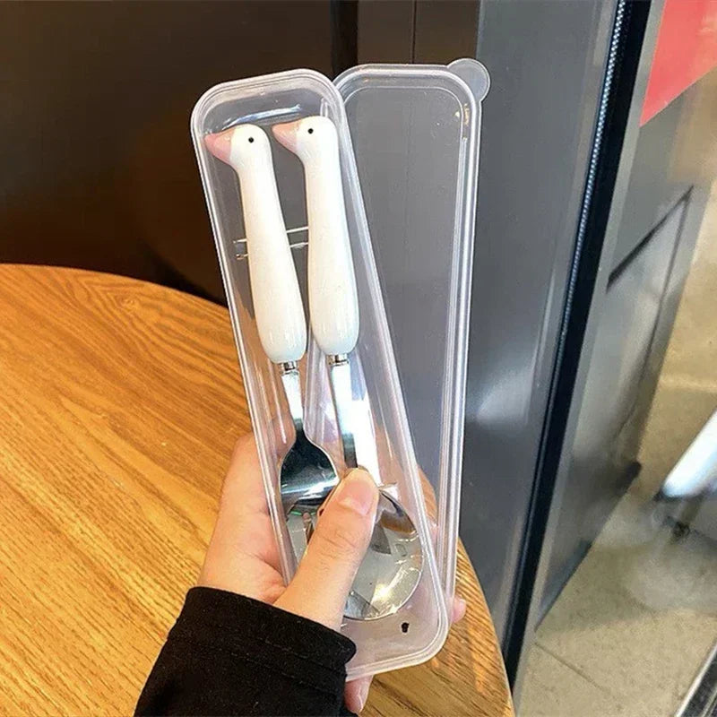 Cute Cartoon Animal Stainless Steel Spoon & Fork Set with Portable Box – Kids’ Outdoor Lunch Tableware