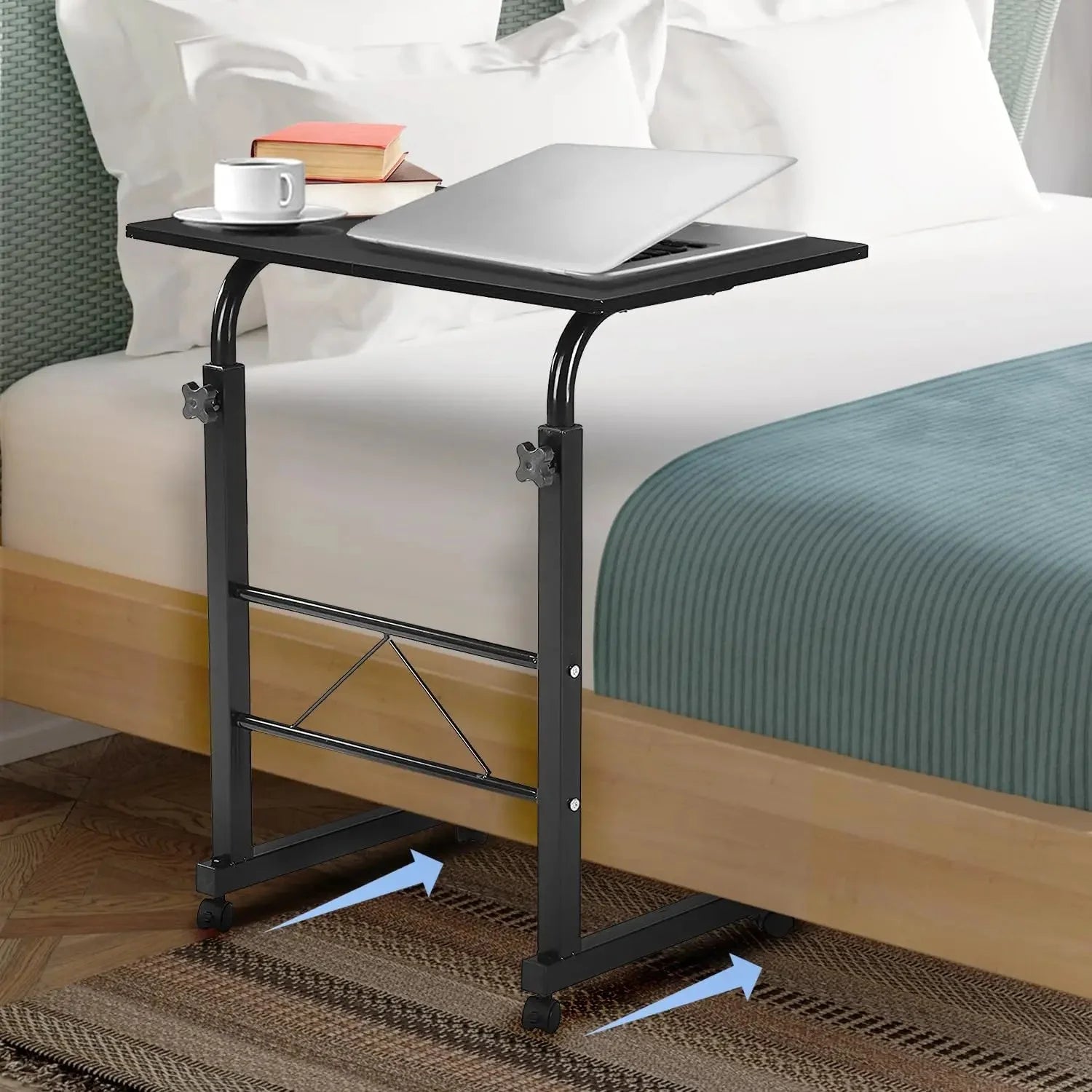🖥️ Black Pipe Rack Computer Desk – Adjustable Height Mobile Side Table with Wheels & 60cm Particleboard Surface