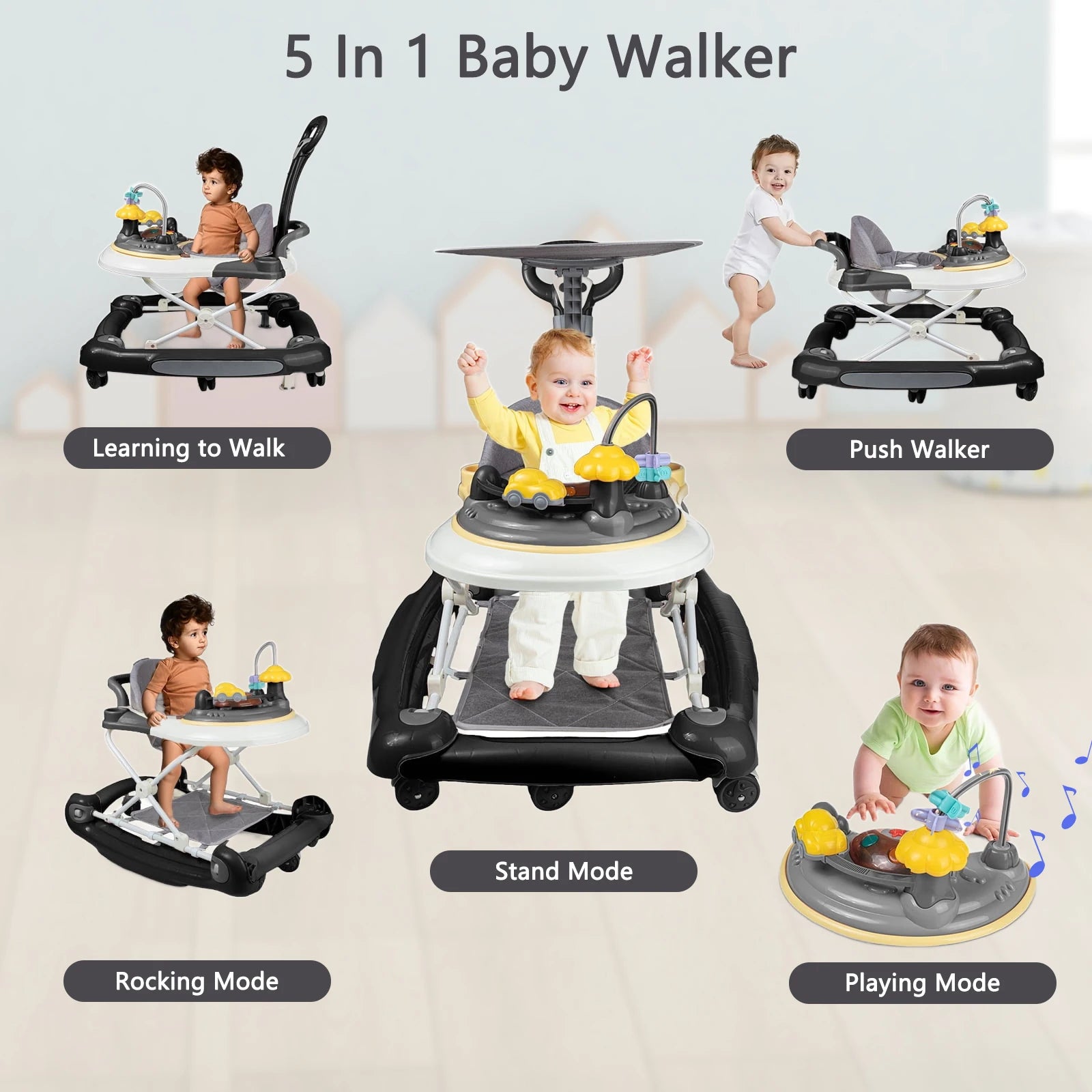 5-in-1 Foldable Baby Walker with Wheels – Detachable Push Handle, Activity Center, Food Tray & Sunshade for 6–24 Months