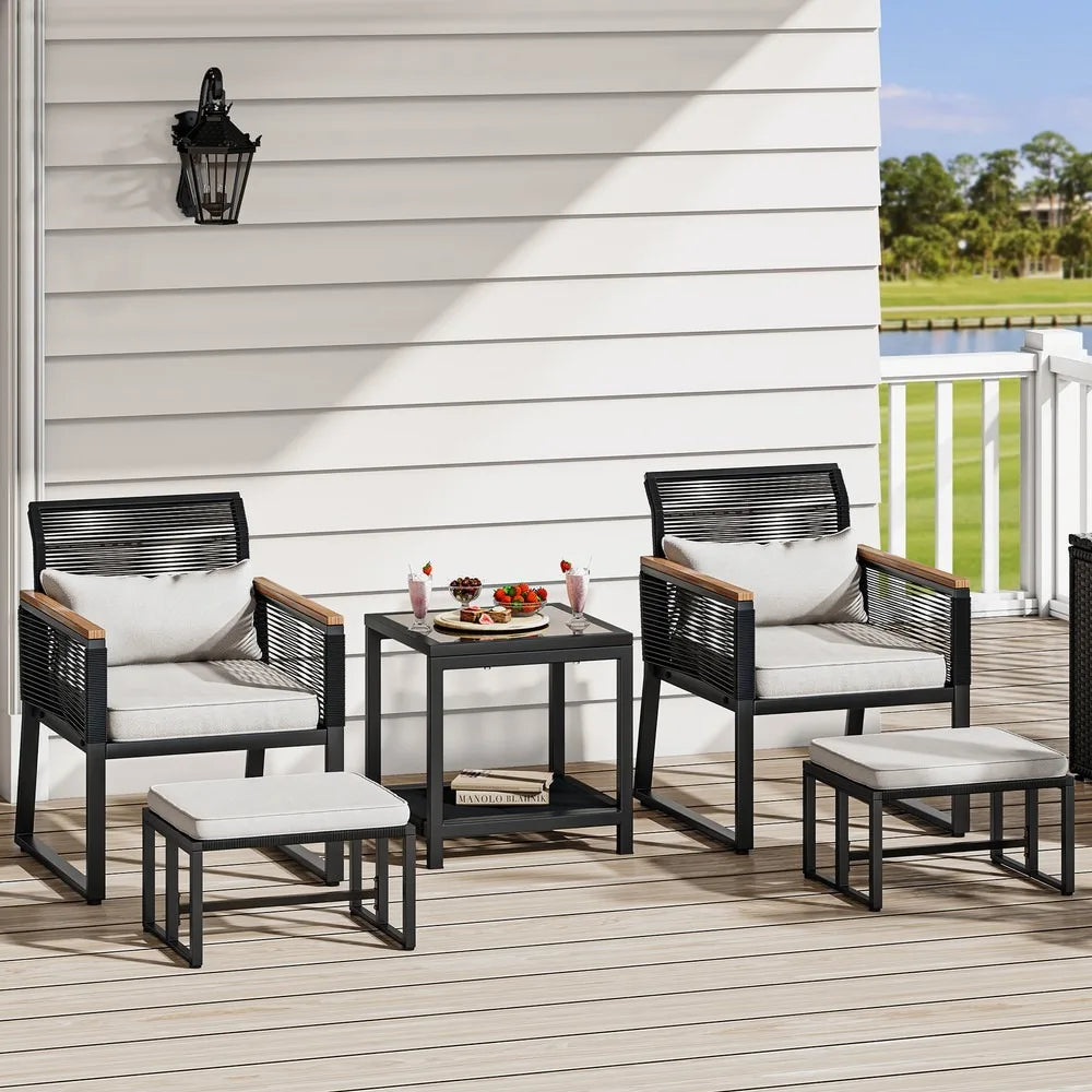 5-Piece Rattan Wicker Outdoor Bistro Set – Conversation Chairs with Footrest & Table