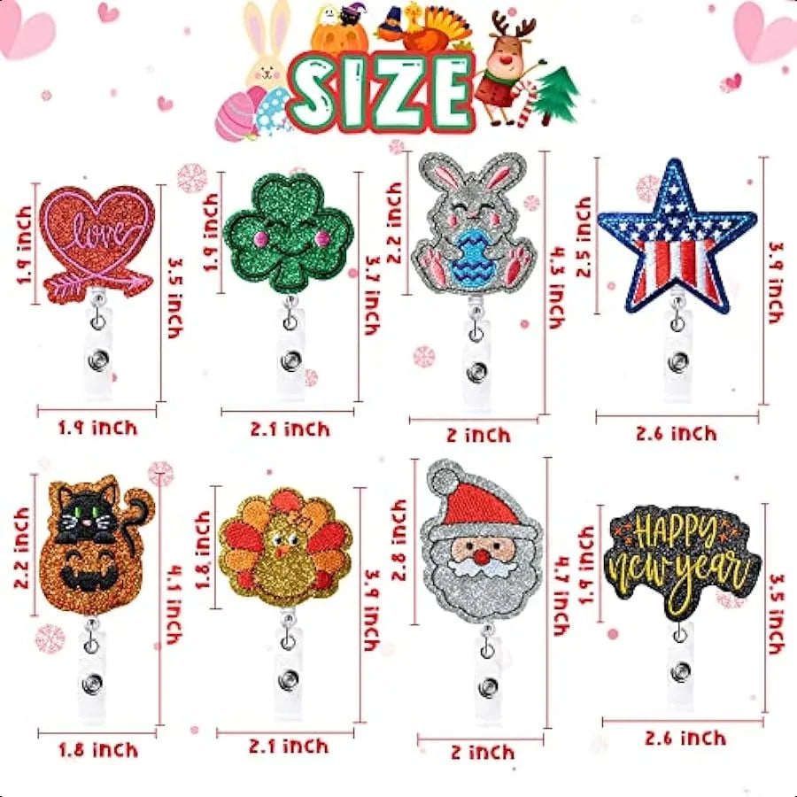 🎉 8PCS Holiday Badge Reels – Embroidered Felt Retractable ID Holders with Alligator Clip (Heart, Clover, Bunny & More)