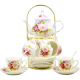 20-Piece Luxury Bone China Tea & Coffee Set with Gold Metal Rack – Elegant Gift & Home Party Ensemble