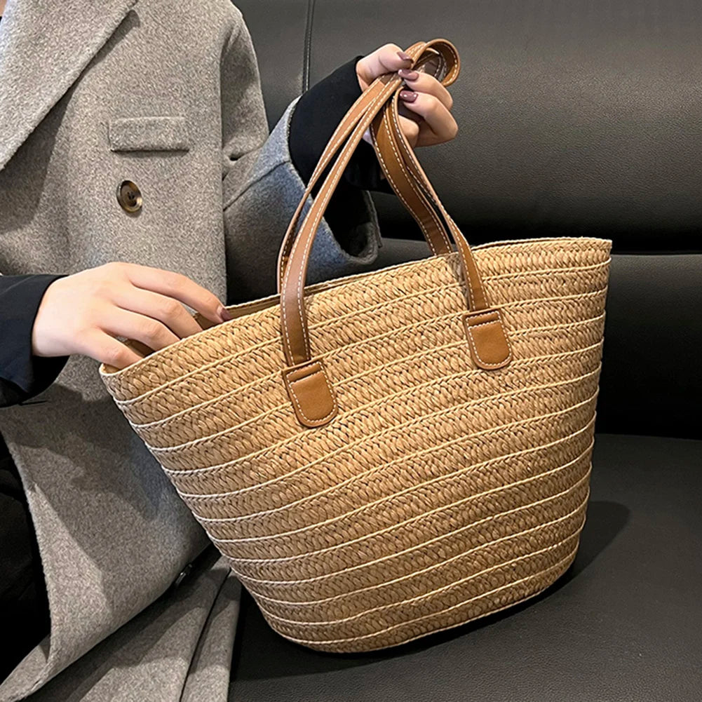 Large Capacity Woven Summer Tote Bag for Women – Casual Solid Color Shoulder/Hand Bag for Weekend Travel
