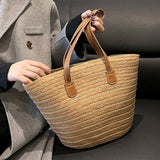 Large Capacity Woven Summer Tote Bag for Women – Casual Solid Color Shoulder/Hand Bag for Weekend Travel