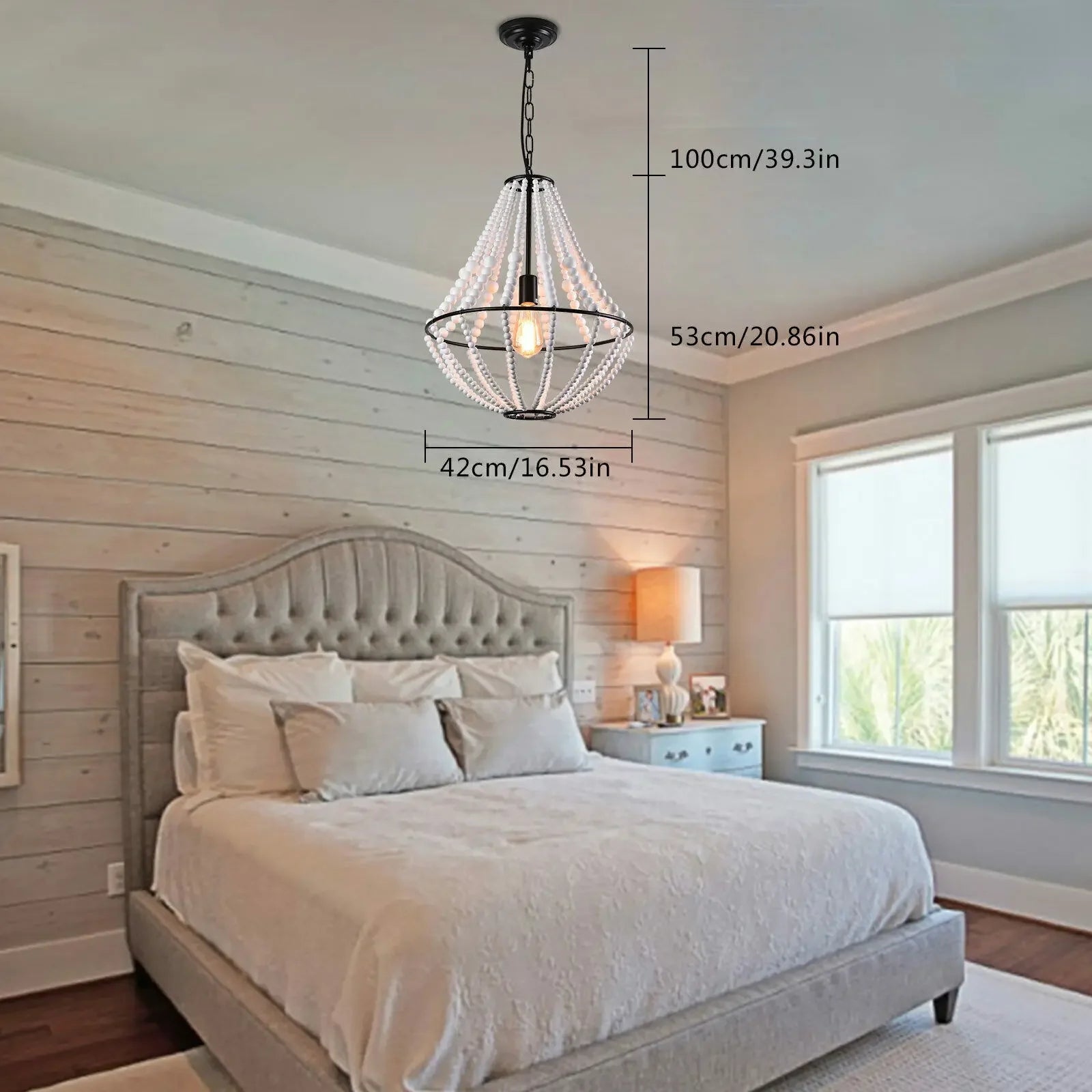 Farmhouse Wood Beaded Chandelier – Modern 1-Light Boho Pendant Light Fixture for Home Décor (E26 Socket)