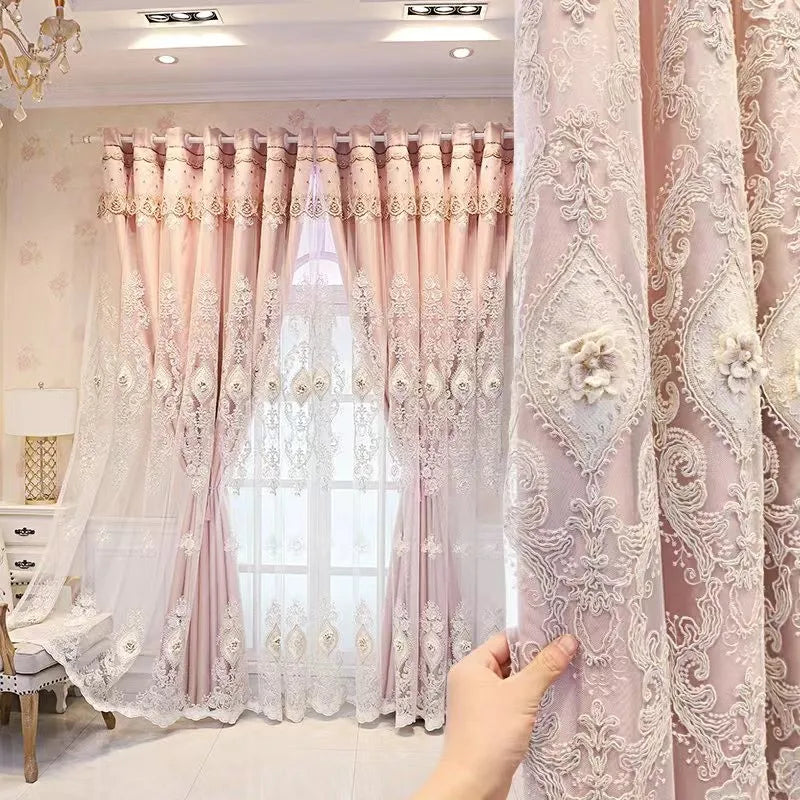 Vintage-Style Embroidered Dual-Layer Curtains – 3D Relief Pattern Window Drapes (Single Panel)