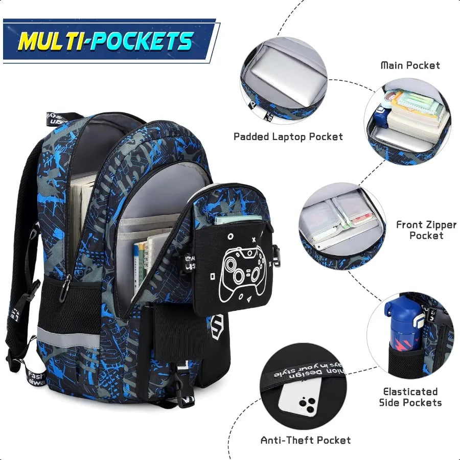 Cool Luminous Boys Backpack Set – 3-Piece Light-Up School Bag with Lunch Box & Pencil Case | Durable School Bag for Kids