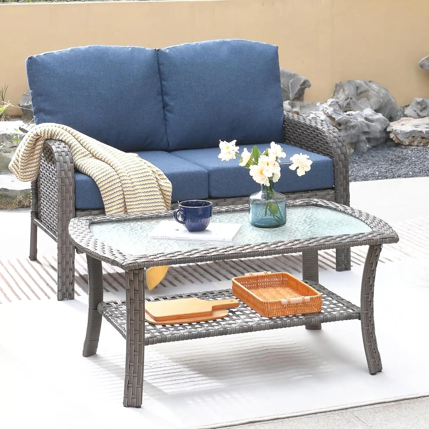 “2-Piece Patio Furniture Set – Outdoor Wicker Loveseat Sofa with High Back & Glass Coffee Table, All-Weather Rattan”