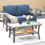 “2-Piece Patio Furniture Set – Outdoor Wicker Loveseat Sofa with High Back & Glass Coffee Table, All-Weather Rattan”