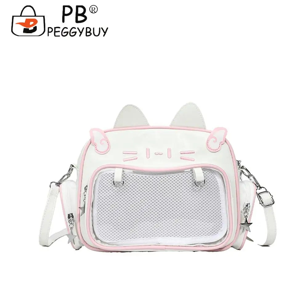 Cute Cat PU Crossbody Bag — Adjustable Strap Shoulder Purse with Clear Pocket for Women & Girls