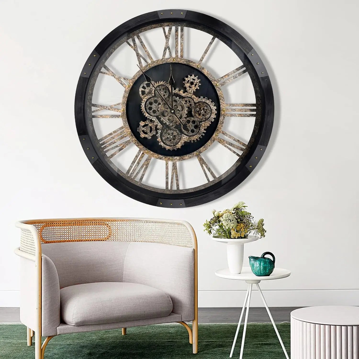 27-Inch Large Wall Clock with Real Moving Gears – Oversized Solid Wood Retro Farmhouse Clock with Toughened Glass Cover