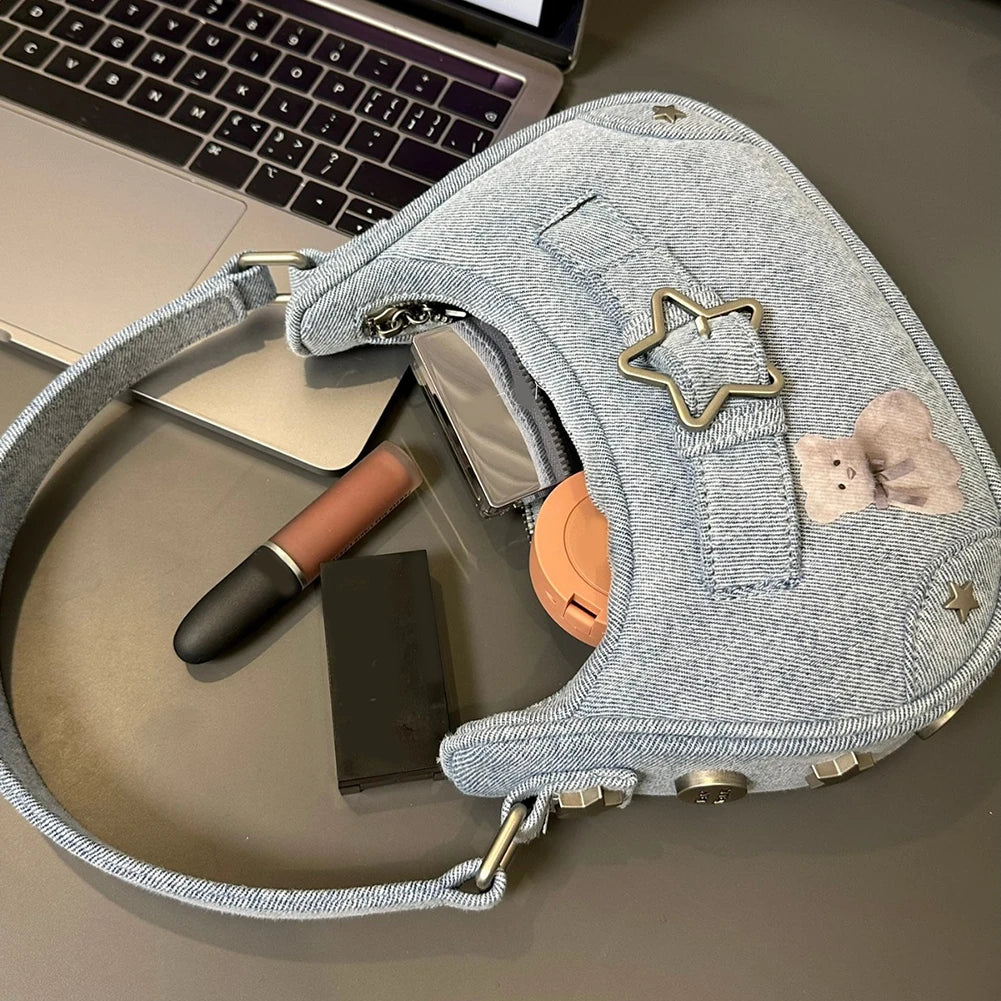 Women’s Vintage Y2K Top-Handle Handbag – Solid Color Purse with Zipper & Star Decor, Cute Tote Gift for Girls