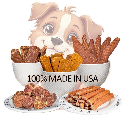 Pet Food Dog Snacks Variety Pack – Beef Jerky, Duck Jerky, Chicken Sweet Potato Sticks, Turkey Meatballs & Dried Salmon Treats