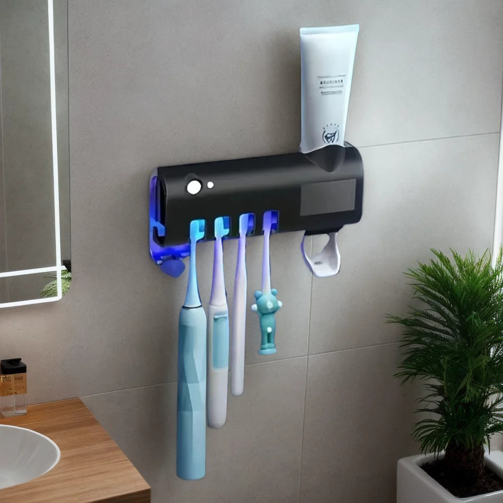 Wall-Mounted Toothpaste Dispenser & 4-Slot Toothbrush Rack – Drill-Free Bathroom Accessory