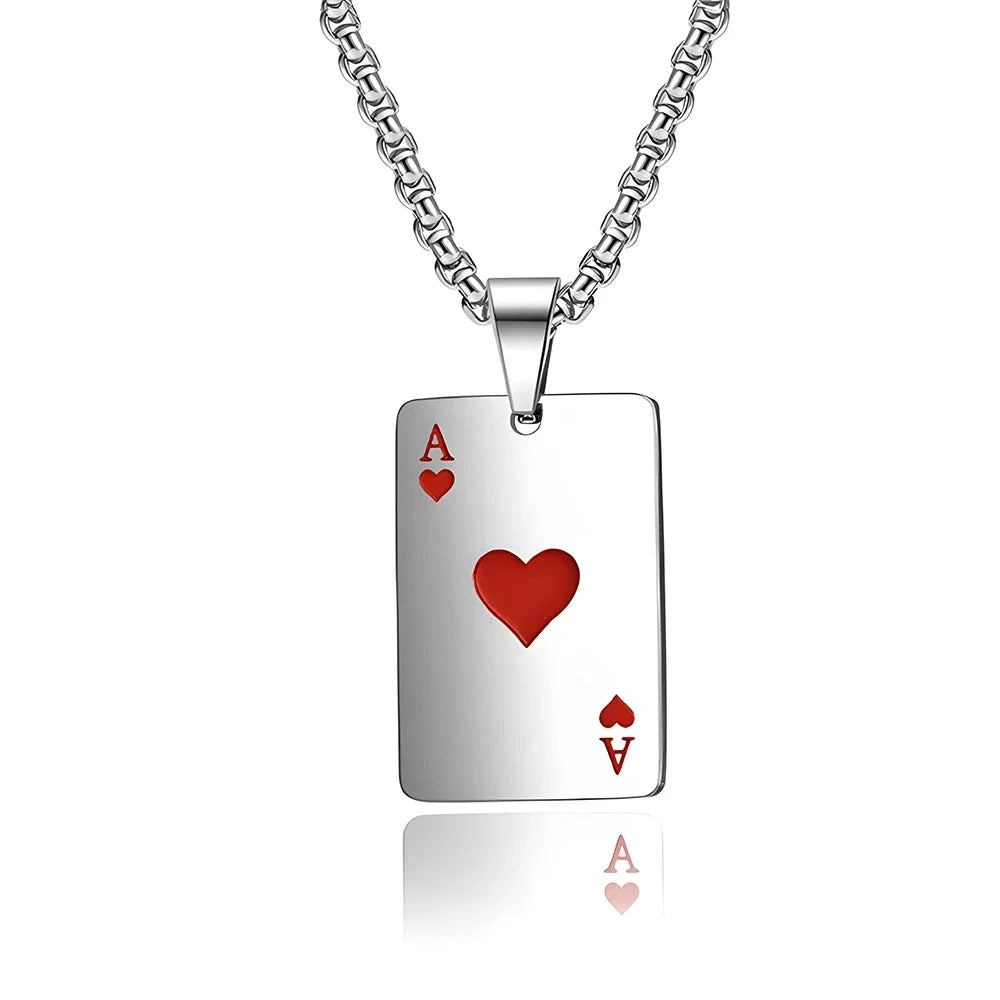 Hip Hop Poker Card Necklace for Men – Stainless Steel Ace of Spades Pendant Chain, Street Style Playing Card Jewelry