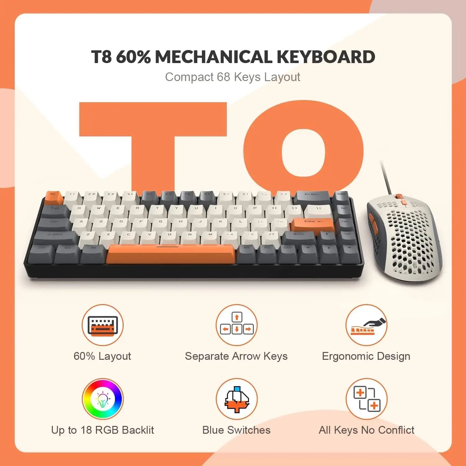 T8 Wired 65% Mechanical Gaming Keyboard & Mouse Combo – RGB Backlit TKL 68-Key Anti-Ghosting Keyboard with Coiled Cable & Tactile Switches