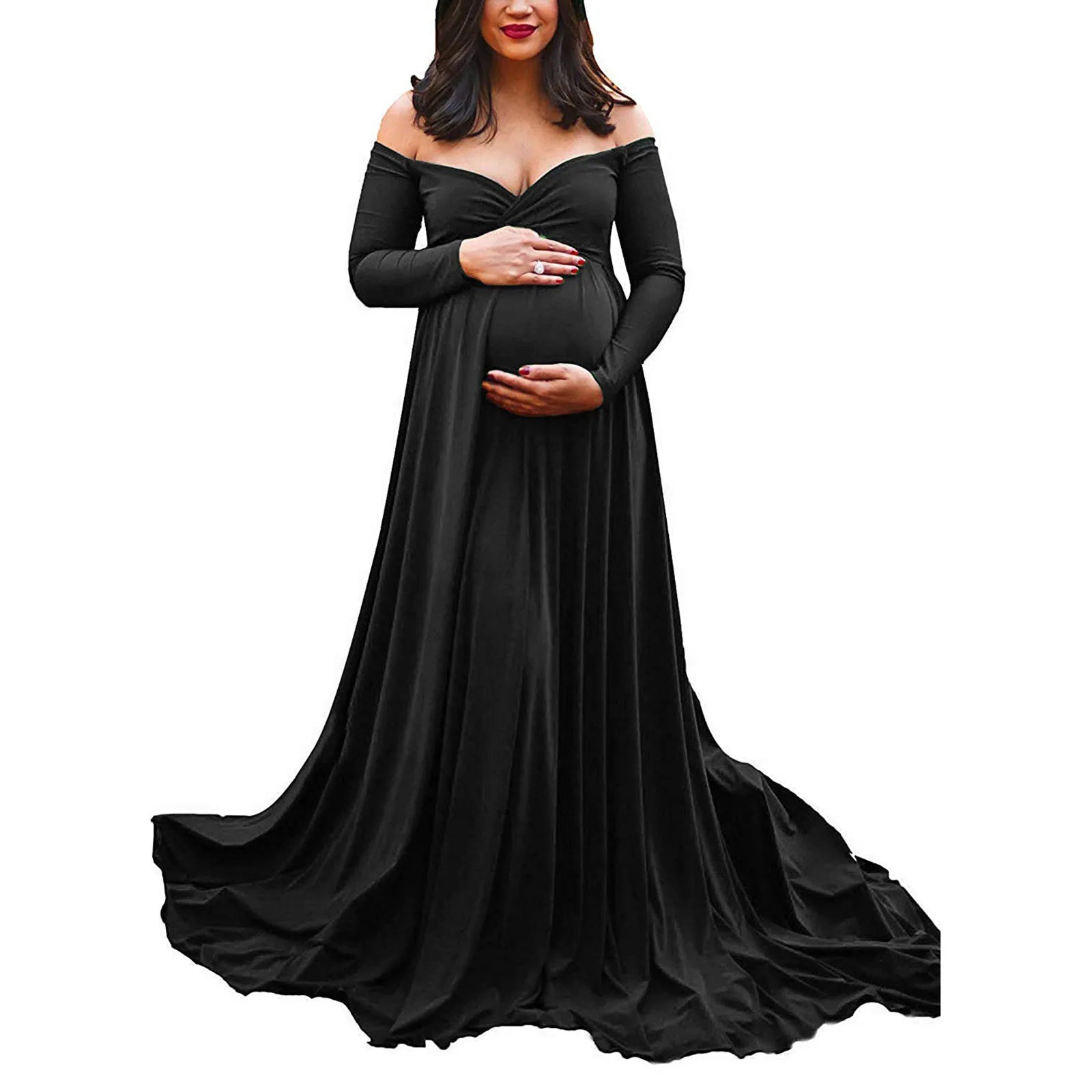 Women’s Off-Shoulder Maternity Photography Dress – Long Sleeve Solid Gown with Lace Detailing, Elegant Pregnancy Outfit