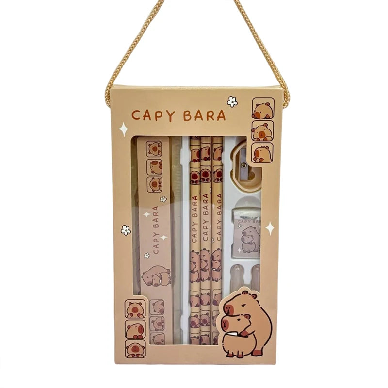 8-in-1 Capybara Stationery Set – Cartoon Animal Pencil, Ruler, Eraser & Sharpener for Kids