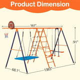 Outdoor Children’s Metal Swing Set – Heavy-Duty Playground Set with Climbing Ladder, Trapeze Bar & Basketball Hoop