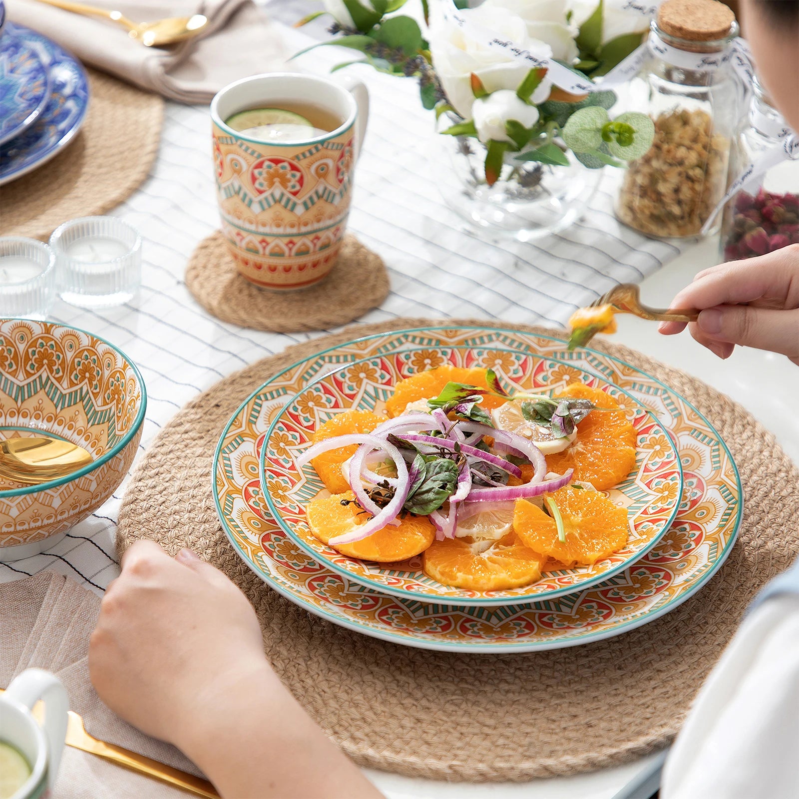 Vancasso Mandala 16/32/48-Piece Porcelain Dinnerware Set – Bohemian Mandala Pattern with Plates, Bowls & Mugs