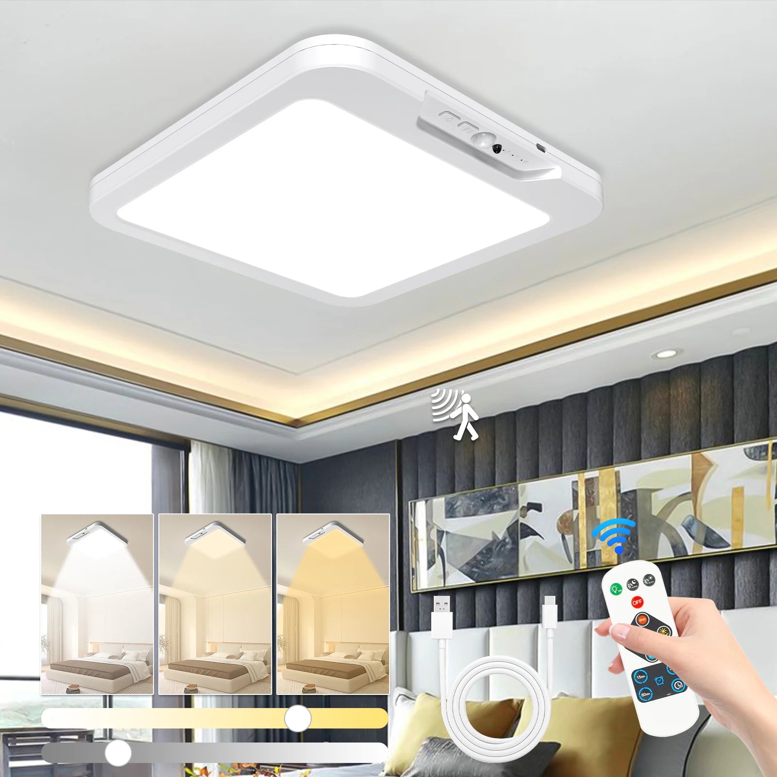 Modern Motion Sensor LED Ceiling Light – Cordless Rechargeable Battery-Operated Lamp with Magnetic Mount & 3 Adjustable Color Temperatures