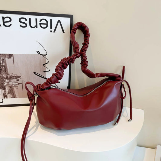 Women’s PU Leather Dumpling Shoulder Bag – Bow Accent Clutch with Inner Pocket & Zipper Closure for Work & Travel