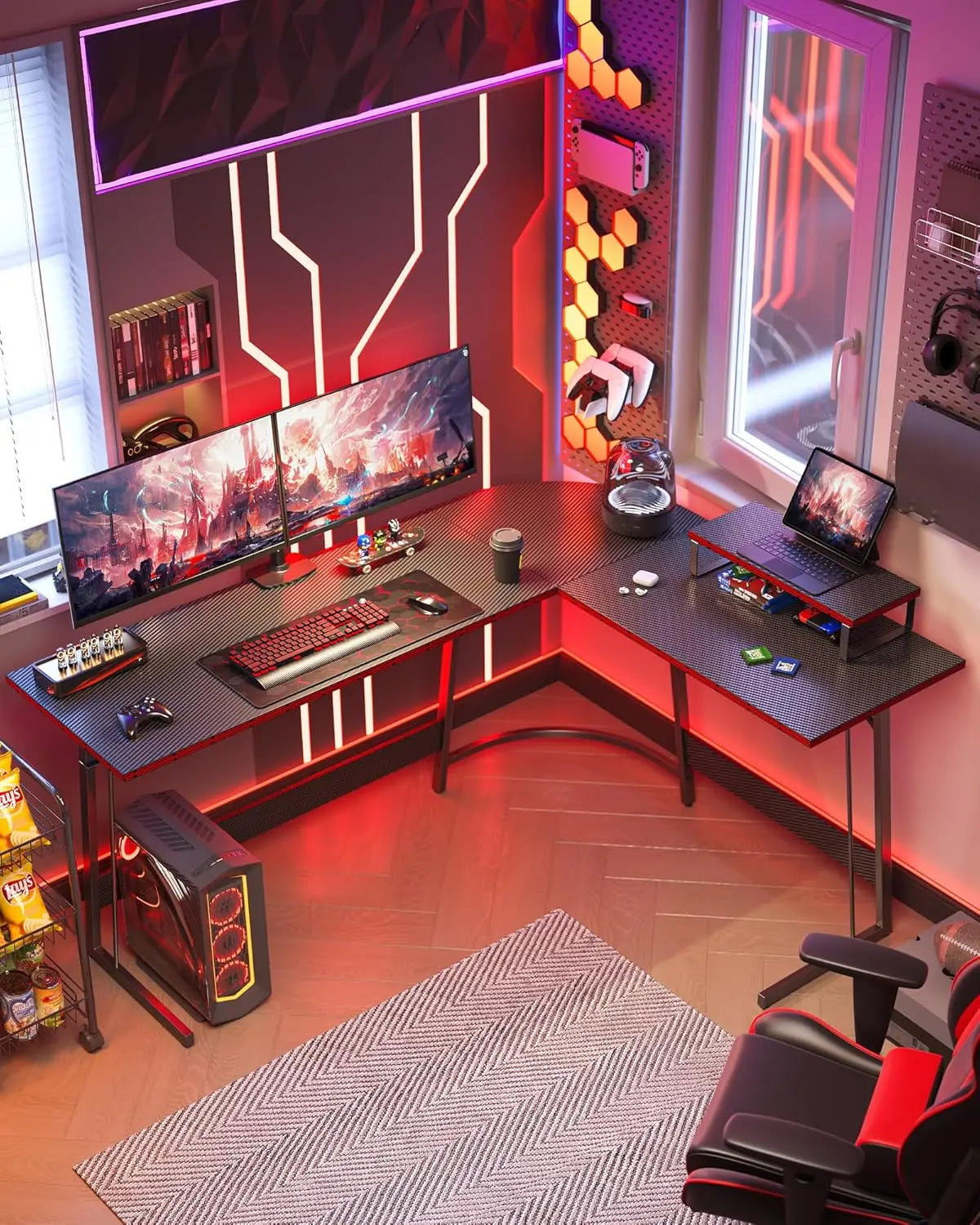 47-Inch L-Shaped Gaming Desk – Carbon Fiber Surface Corner Computer Desk with Large Monitor Stand for Home & Office Setup