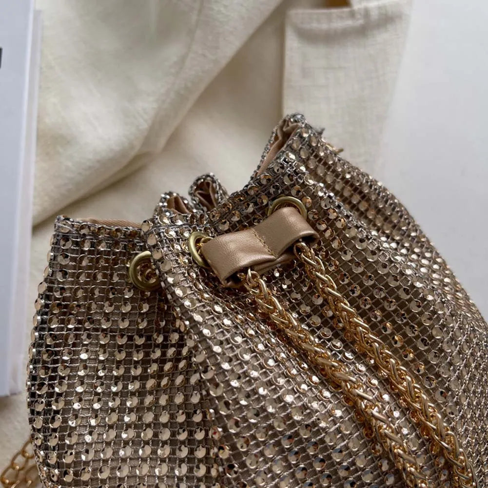Women’s Luxury Rhinestone Bucket Bag – Glittering Drawstring Shoulder & Crossbody Satchel, Solid Color Fashion Dating Purse