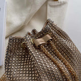 Women’s Luxury Rhinestone Bucket Bag – Glittering Drawstring Shoulder & Crossbody Satchel, Solid Color Fashion Dating Purse