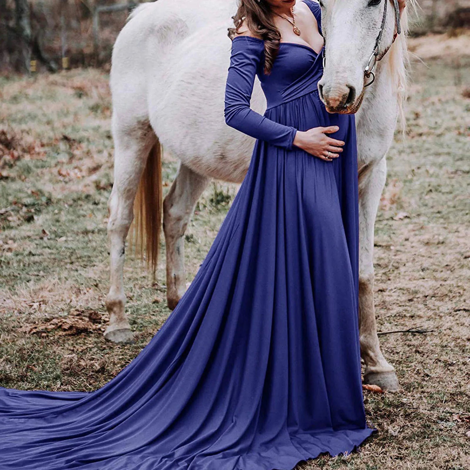 Women’s Off-Shoulder Maternity Photography Dress – Long Sleeve Solid Color Princess Gown for Elegant Pregnancy Photoshoots