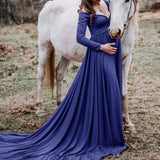 Women’s Off-Shoulder Maternity Photography Dress – Long Sleeve Solid Color Princess Gown for Elegant Pregnancy Photoshoots